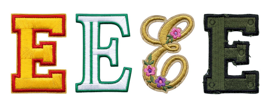 Four different styles of letter E patch isolated on white background showing embroidery details