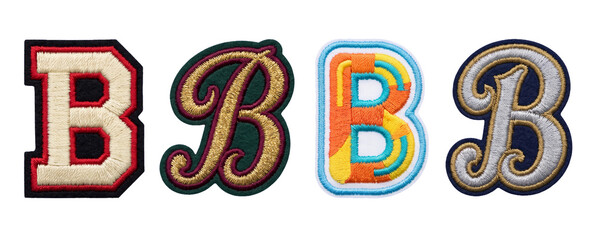 Collection of four different embroidered alphabet letter B patches in various styles and colors © Septi.First