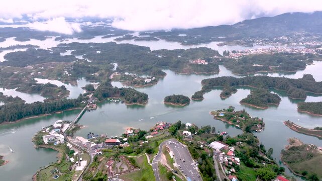 Guatap&eacute; Reservoir with Islands and Mountain Landscape in Antioquia, Colombia. Establishing Shot. Aerial View.