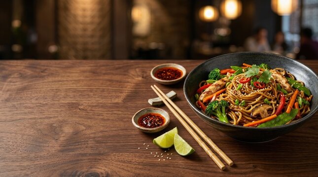 Delicious asian stir fry with noodles vegetables and sauce served on a rustic wooden table
