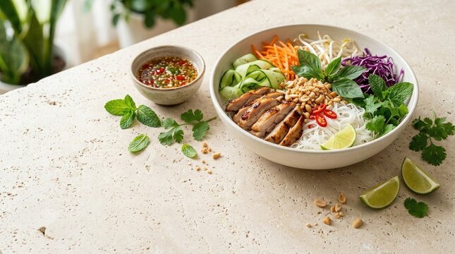 Colorful and healthy vietnamese b n ch bowl with grilled pork fresh herbs and rice noodles