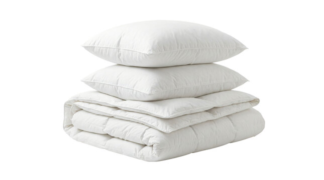 Fluffy white bedding set with soft pillows and folded duvet stack on transparent background