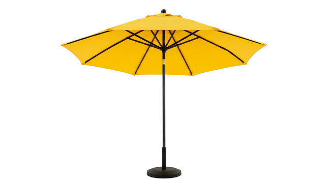 Bright yellow patio umbrella with dark metal frame stands open on transparent background