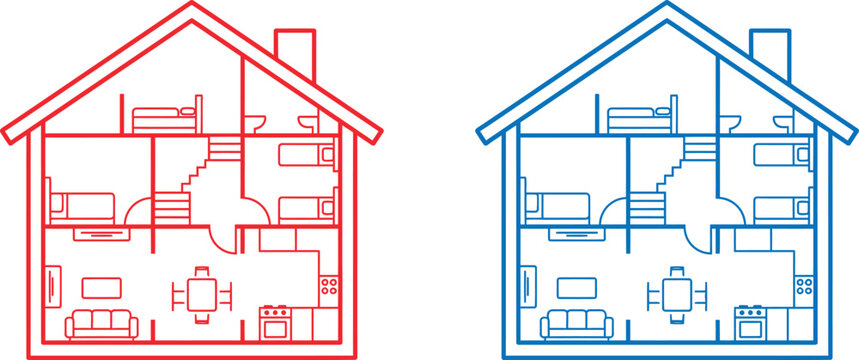 Two house floor plans with red and blue outlines showing interior rooms and furniture layout