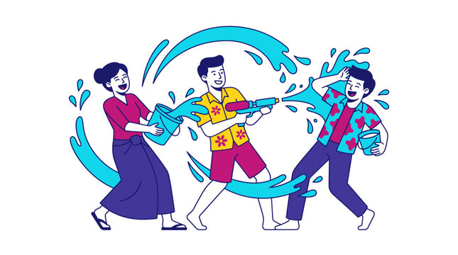 Thingyan water festival, Vibrant flat vector design depicting a joyful traditional water celebration