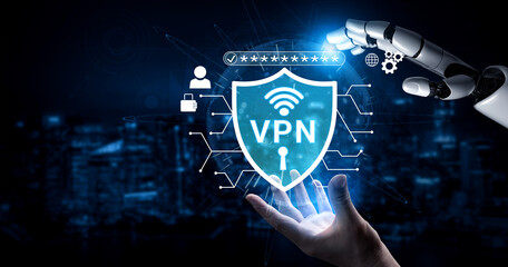 Fototapeta premium Futuristic Technology Concept of Cybersecurity with Robotic Hand Interacting with VPN Shield and Network Connections in Digital Environment Haptic.