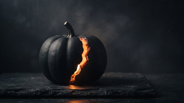 Cracked pumpkin with glowing embers dramatic dark autumnal still life