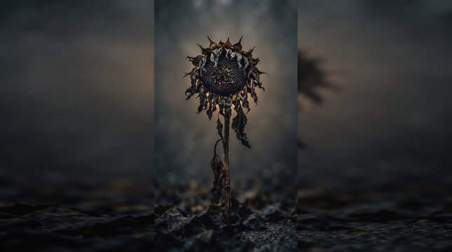 Wilted sunflower stands alone in a muted atmospheric setting