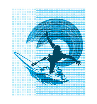 t-shirt print design, illustration of man surfing sea beach t-shirt design. abstract white, blue, sea green color graphic design apparel clothing. transparent PNG for white and light color background.