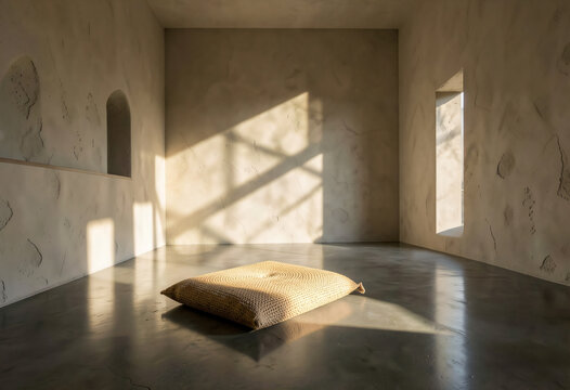 Minimalist wabi sabi meditation room with grey linen zabuton, luxury home decor editorial print backdrop.