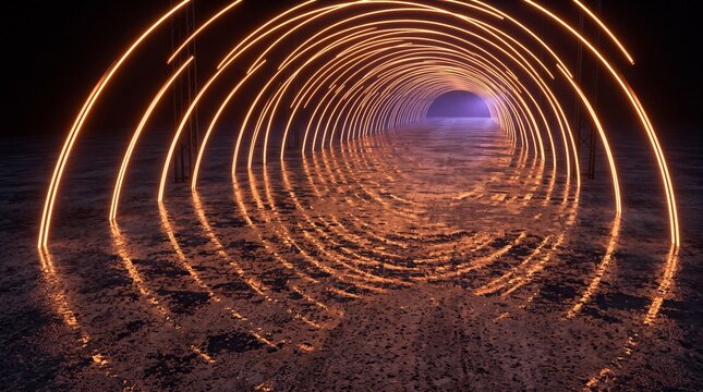Futuristic Glowing Neon Tunnel with Golden Light Reflections