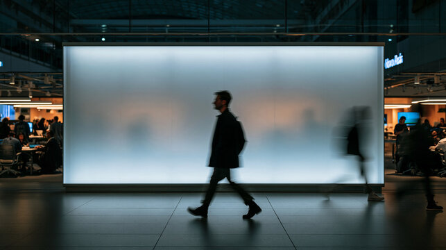 Silhouette of People Walking Past Blank Illuminated Billboard