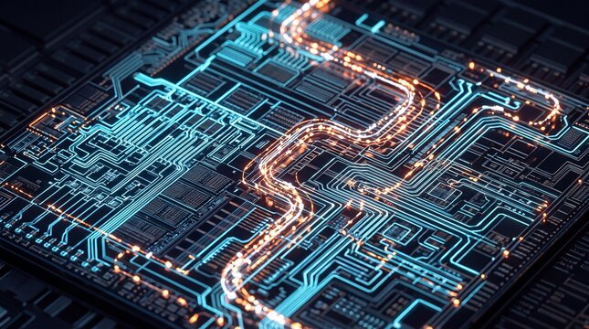 Microchip Processor with Glowing Data Flow and Circuit Connections