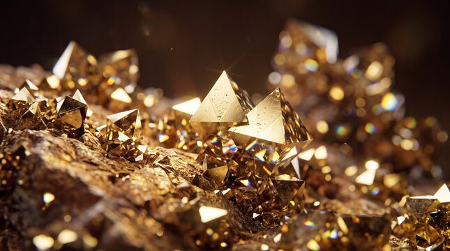 Golden Crystal Cluster Mineral Formation in Macro View