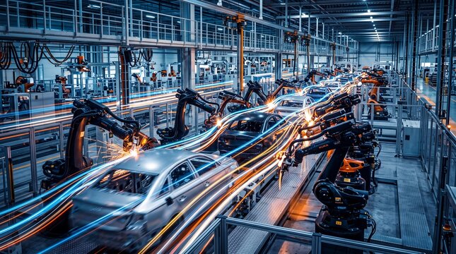 Robotic Arms Assembling Cars on Automated Factory Production Line