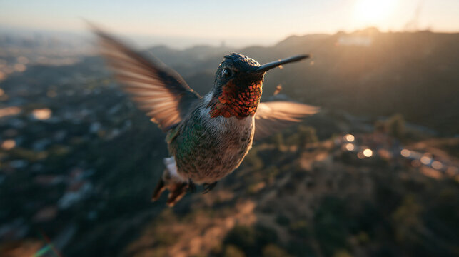 Hummingbird Hovering in Flight at Sunset Over Mountains
