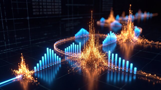 Financial Data Visualization with Glowing 3D Bar Chart Peaks