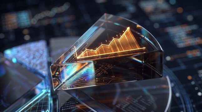 Glowing Financial Stock Growth Graph in Glass Pie Chart