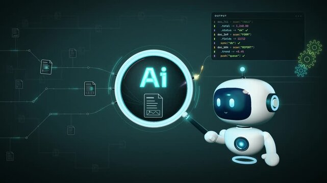AI document analysis, cute robot with a magnifying glass scans files while code output runs, seamless loop