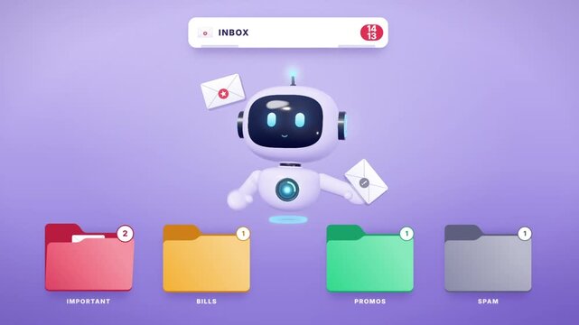 AI robot sorting email inbox into important, bills, promos and spam folders until inbox zero