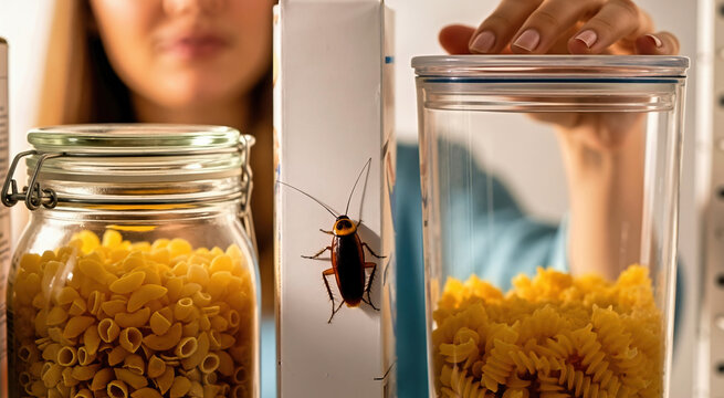 Cockroach crawling on cereal box in kitchen pantry. Woman reaching for glass jar of pasta in background. Food contamination and pest infestation concept