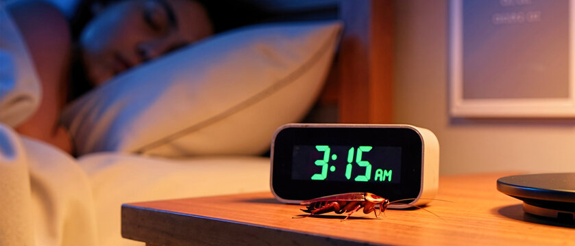 Cockroach crawling on a wooden nightstand next to a digital alarm clock at night. Pest infestation in a bedroom with a sleeping woman in the blurred background. Cockroach control concept