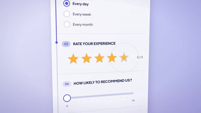 Online feedback survey form fills with checkboxes, star rating, slider and comment, then shows submitted check
