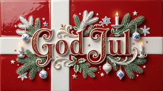 Luxury Danish Christmas greeting card with porcelain Dannebrog, ceramic decorations and elegant God Jul lettering