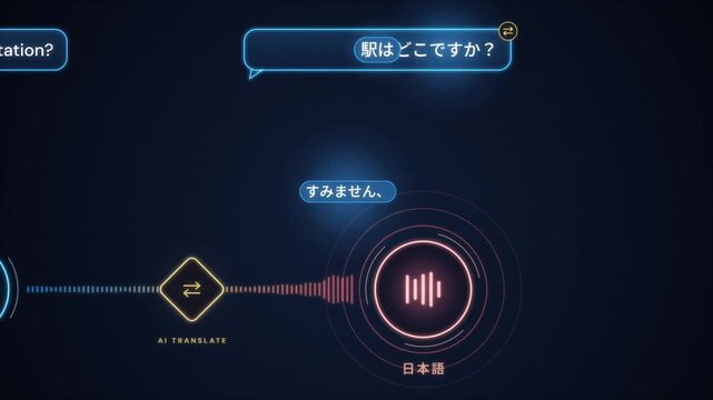 Real-time AI voice translation between English and Japanese, waveforms turn speech into subtitle bubbles
