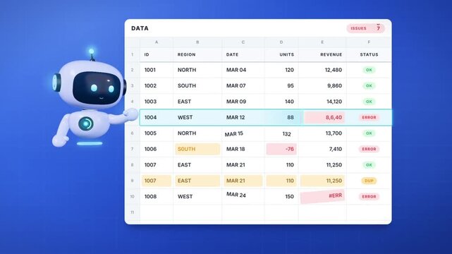Data cleaning AI robot fixing spreadsheet errors and duplicates, then creating a revenue bar chart
