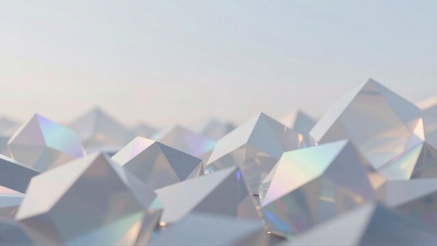 close group triangular shaped objects appear shiny reflective material objects arranged way overlapping creating sense depth dimension background pale blue sky gradient effect giving dreamy ethereal