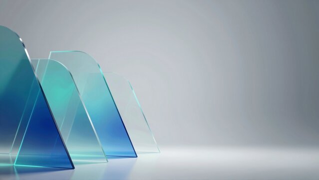 group three triangular shaped glass objects arranged row white surface objects transparent glass gradient blue green colors background light grey color subtle wave like pattern overall mood modern