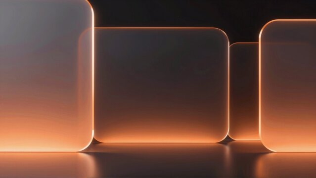 group four square shaped objects arranged row black surface objects appear transparent material possibly glass plastic lit warm orange glow background completely black making objects stand out even
