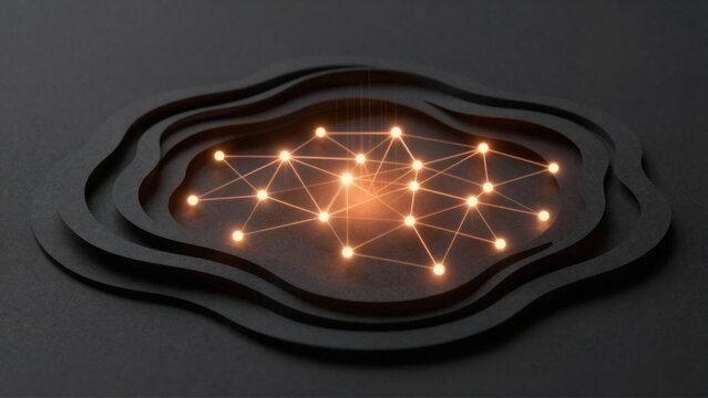 rendering black circular object network interconnected lines dots center lines arranged symmetrical pattern creating sense depth dimension dots evenly spaced appear glowing giving impression glowing