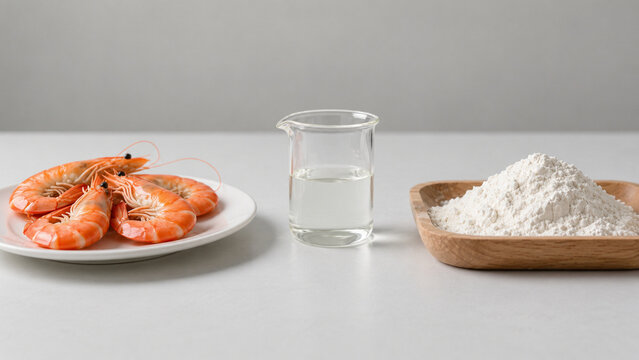 Chitosan Concept with Shrimp, Clear Liquid and White Powder