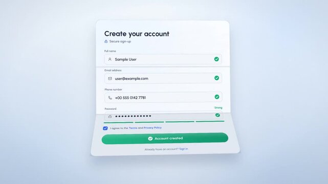 Registration form for creating an account, sent securely in an envelope and confirmed with a checkmark shield