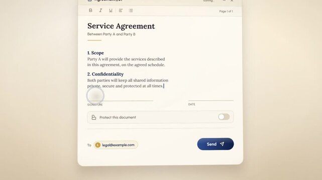 Digital signature on a service agreement, sealed in an envelope and secured by a document protection shield
