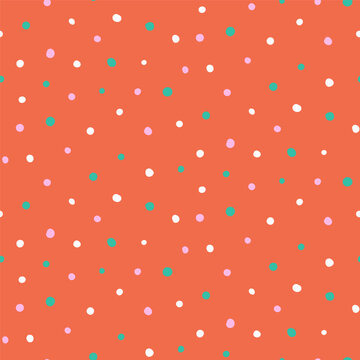 Polka dots, circles, hand drawn round shapes seamless Christmas pattern, red pink green white background. Repeat pattern, holiday design, textile print, wrapping paper, packaging. Vector illustration