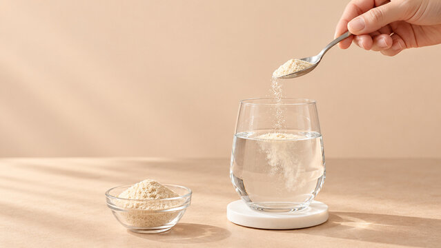 Hand Adding Chitosan Powder from a Spoon to a Glass of Water