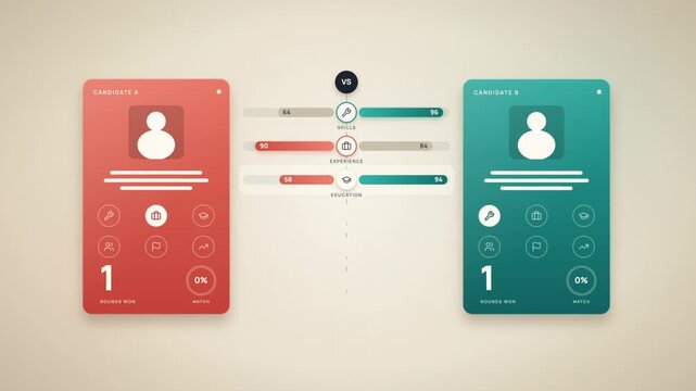 Candidate comparison with two applicant cards scored on skills and experience until a best match is chosen