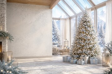 Fototapeta premium Elegant snowy Christmas living room with decorated tree and gifts