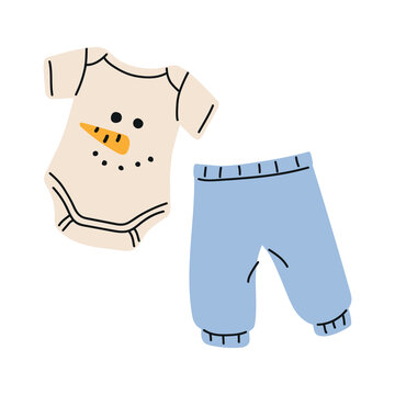 Cute snowman costume for children with a white bodysuit and blue pants, carrot nose and snowman details. Flat cartoon doodle vector sticker illustration for Christmas parties, carnival and winter 