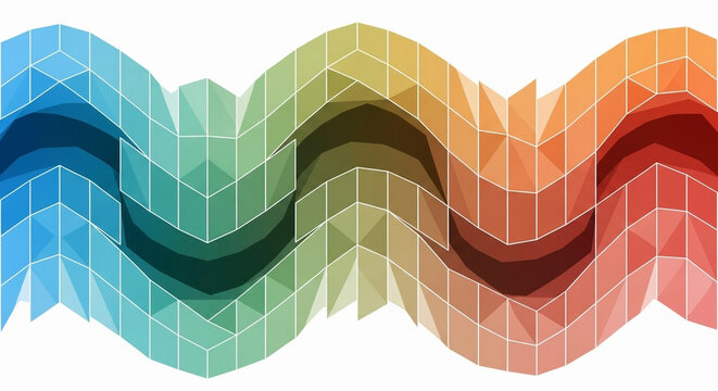 Colorful geometric wave pattern displays vibrant multi hued triangular mesh structures flowing horizontally across the canvas creating a striking visual rhythm suited for creative design