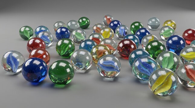 Colorful glass marbles scattered on a gray surface for play and decor