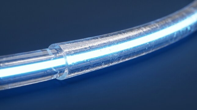 Glowing blue light wire encased in a clear plastic tube on dark background