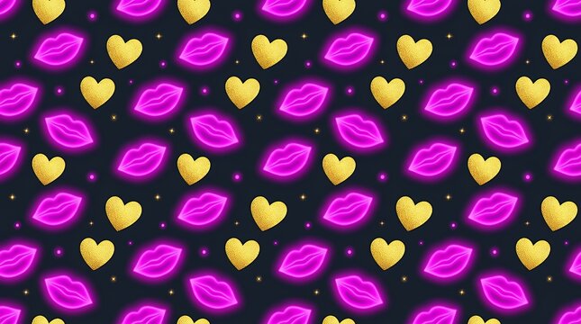 Vibrant repeatable graphic design featuring glowing magenta mouth shapes and brilliant gold heart s over a deep dark backdrop pattern seamless repeat lip mouth kiss heart love neon glow light pink