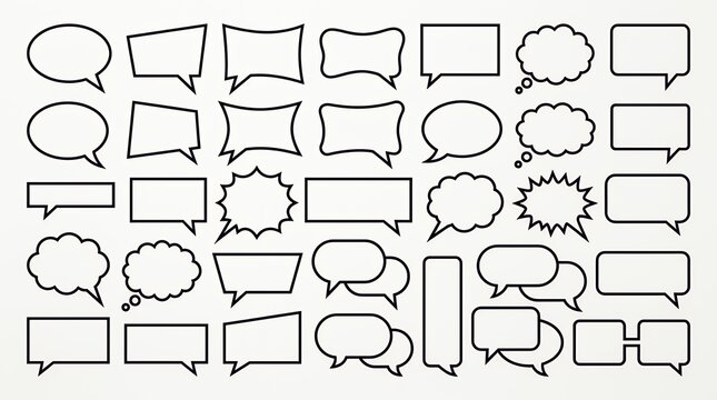 Assorted minimalist graphic dialogue containers with clean black borders and blank interiors for comic book captions or text input background speech bubblesoutline line art pack shape comic