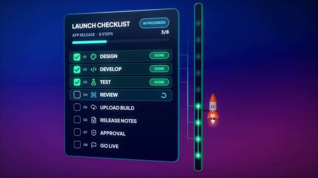 Launch checklist for an app release ticking off eight steps as a rocket rises and blasts off