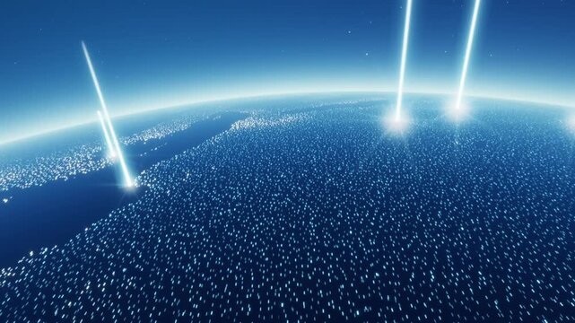 Light beams raining onto a glowing digital Earth as the camera dives from space and pulls back to the globe