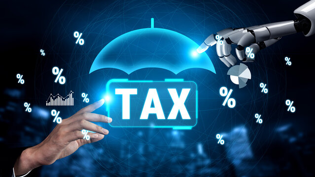Futuristic Concept of Tax Protection with Robotic Hand and Human Touch Symbolizing Collaboration and Financial Management. Sentient.
